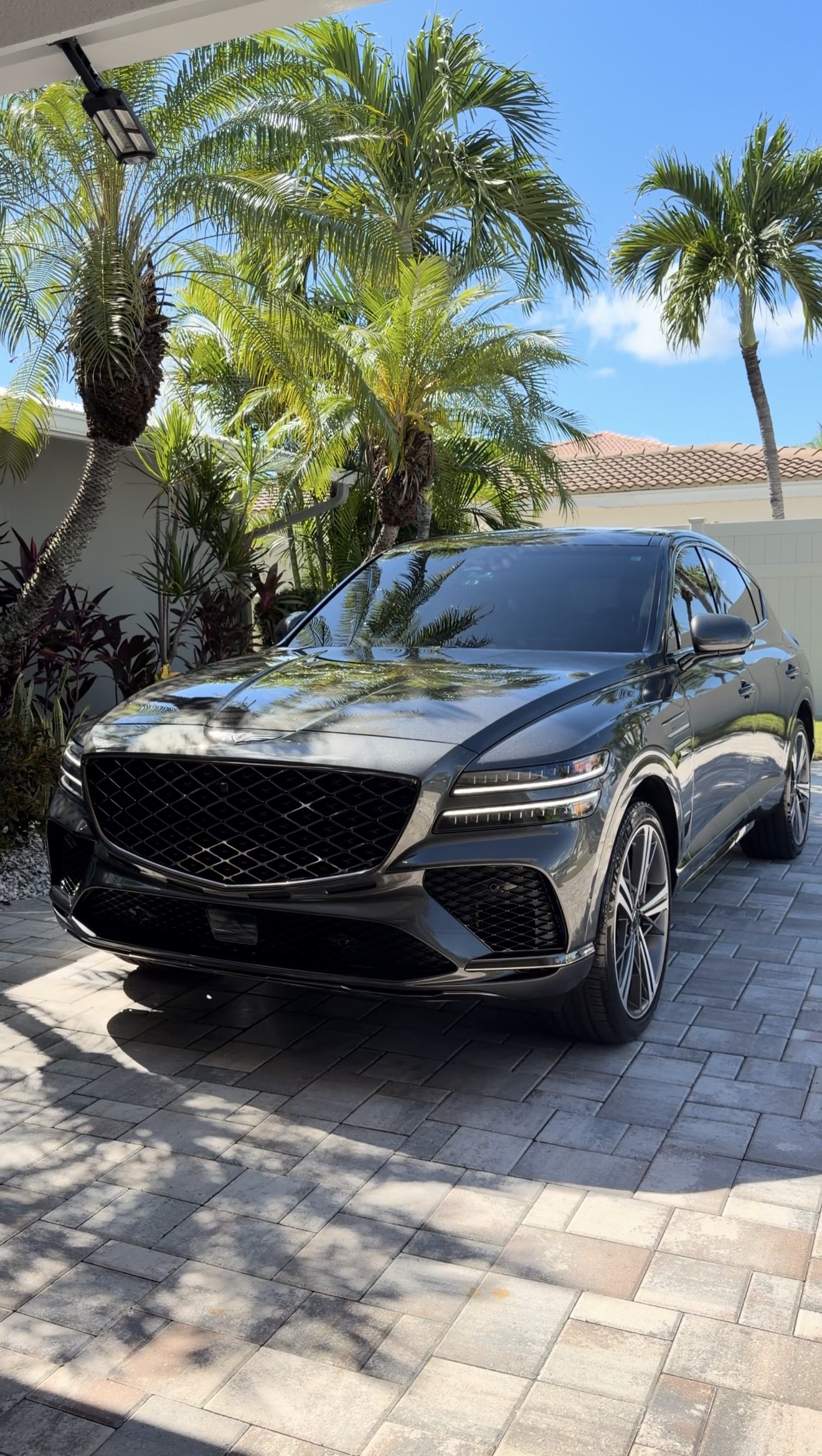Palm trees reflected in the glossy hood of a Genesis GV80 Coupe detailed by Harn Detailing Co.